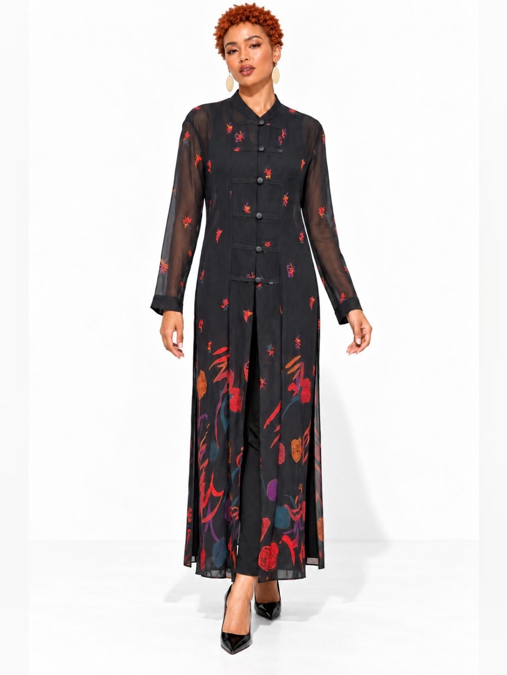 Black Sheer Abstract Print Mandarin Collar Maxi Kimono Duster by Phool